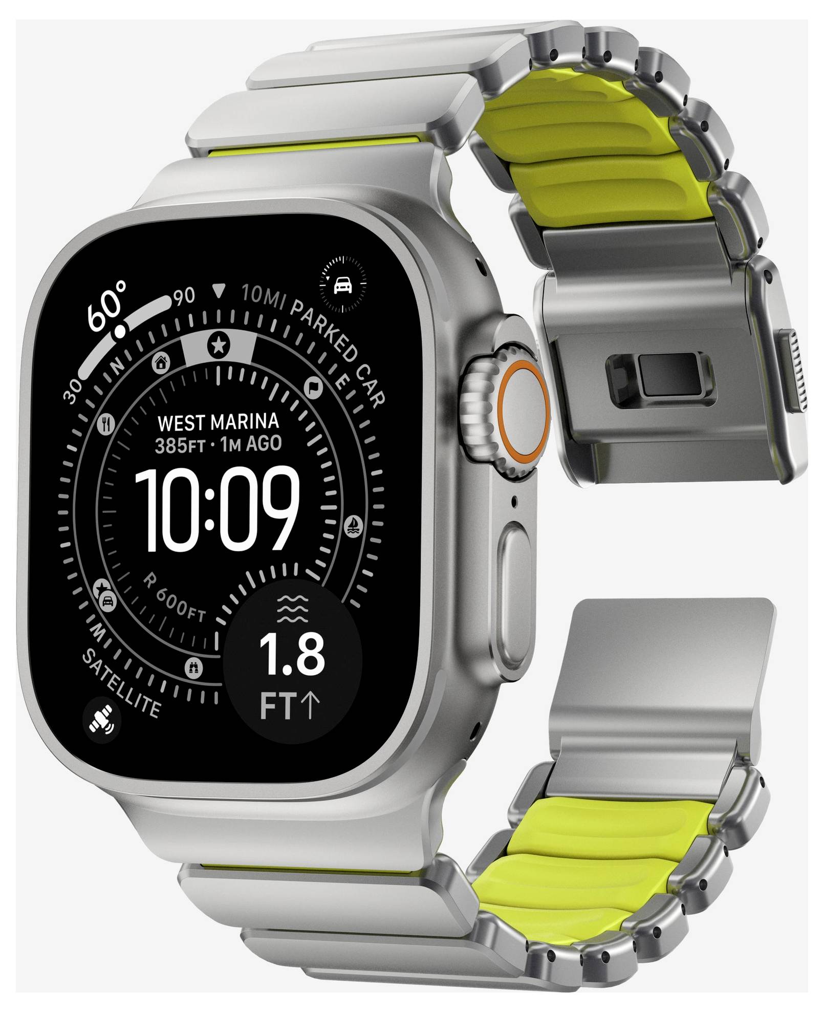 Apple Watch Ultra in argento con cinturino in stile a maglie argento e dettagli gialli, mostrato frontalmente e posteriormente su uno sfondo bianco.