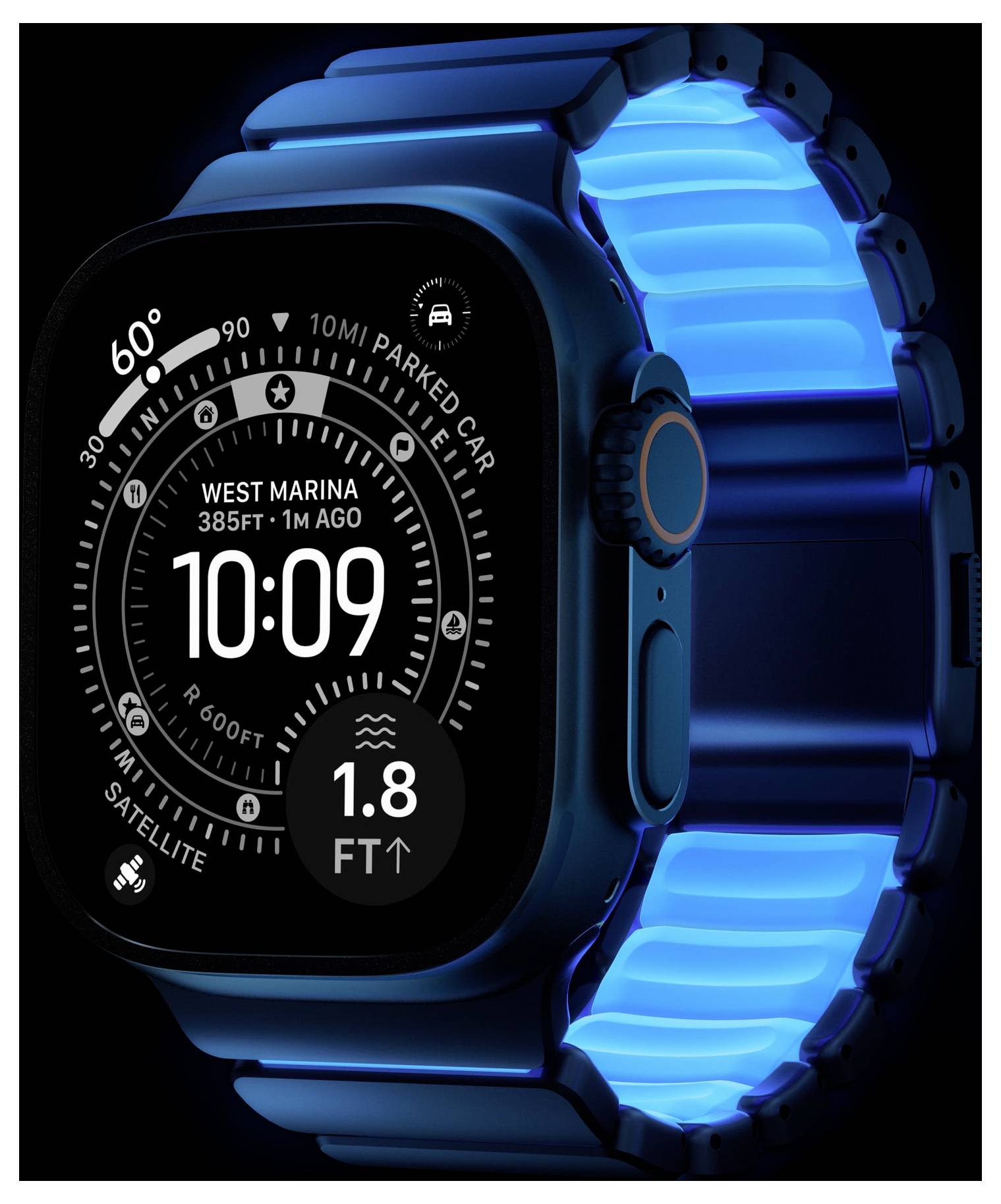 Smartwatch con banda illuminata blu brillante che visualizza le 10:09 e un quadrante di bussola/navigazione che mostra West Marina, 385 ft, 1.8 ft e icone di satellite/auto parcheggiata.