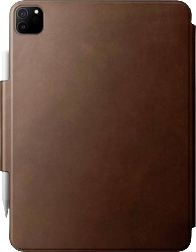 Custodia per tablet in pelle marrone con ritaglio per fotocamera e stilo collegato sul lato sinistro