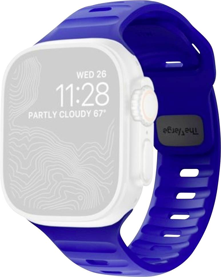 Smartwatch blu e bianco con quadrante quadrato che mostra "WED 26", "11:28" e "PARTLY CLOUDY 67" sul display.