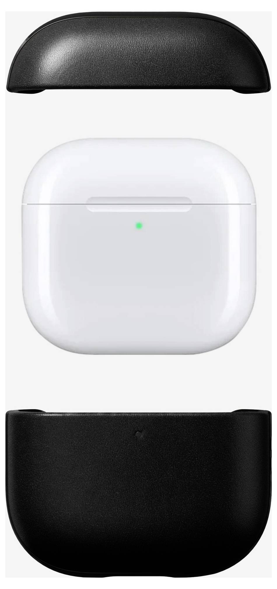 Vista frontale della custodia di ricarica degli auricolari wireless in bianco con una spia di stato verde, mostrata con i pezzi di copertura nera superiore e inferiore separati sopra e sotto di essa.