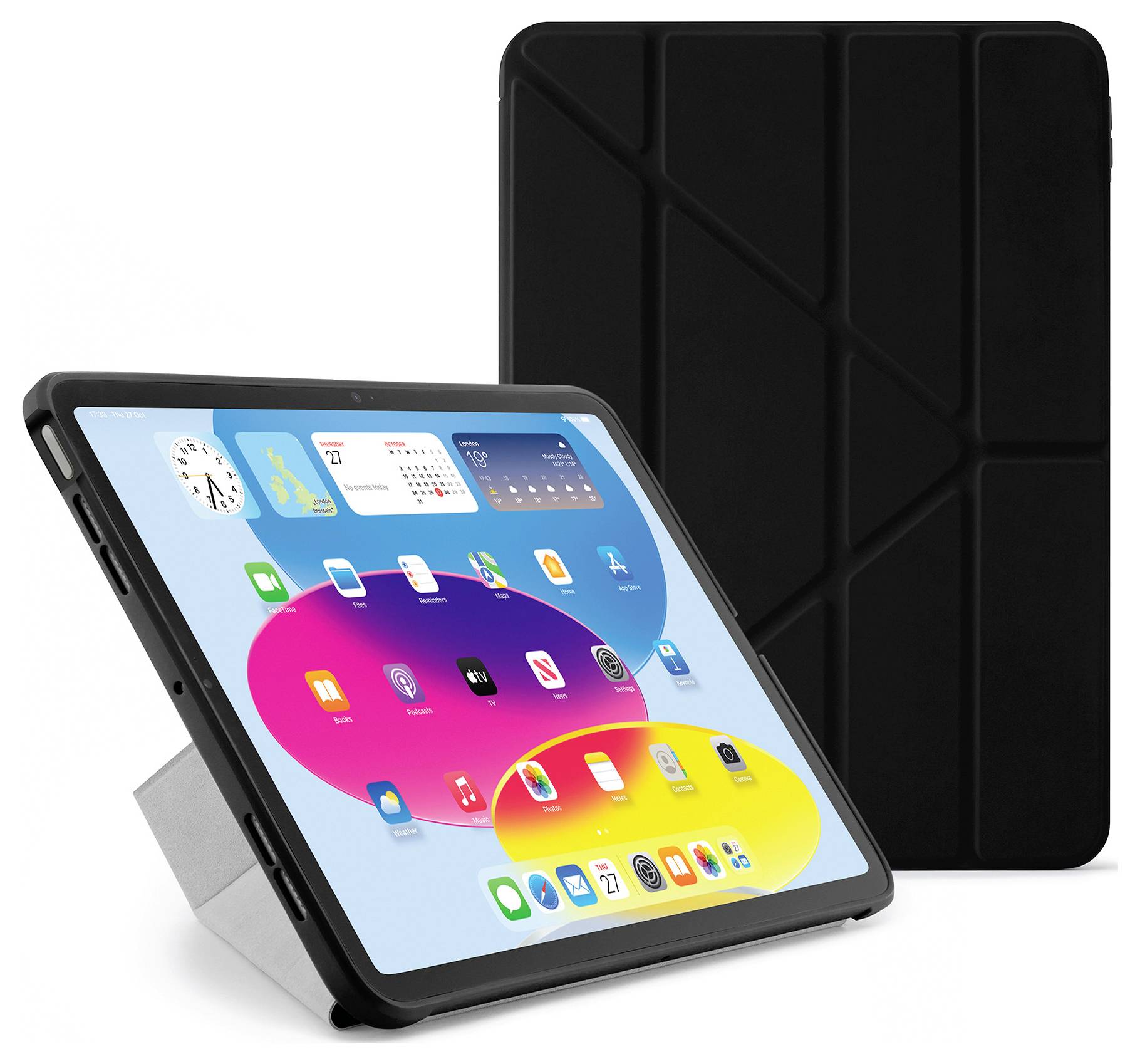 Tablet in una custodia a folio nera, mostrato davanti e dietro, con la schermata iniziale in visualizzazione e un supporto pieghevole che lo sostiene.