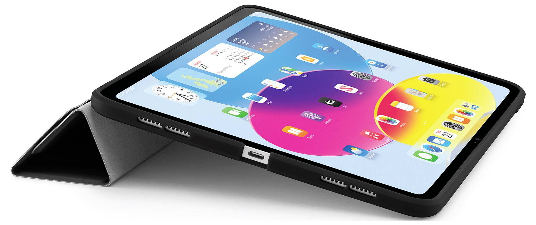 Tablet in a black folding stand case, shown at an angle with the screen on and colorful app icons displayed.<br><br>Tablet in custodia pieghevole nera con supporto, mostrato in angolazione con lo schermo acceso e icone app colorate visualizzate.