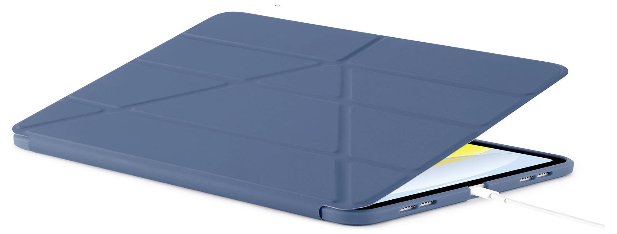 Tablet blu in un astuccio protettivo pieghevole, mostrato parzialmente aperto con un cavo di ricarica collegato al lato.