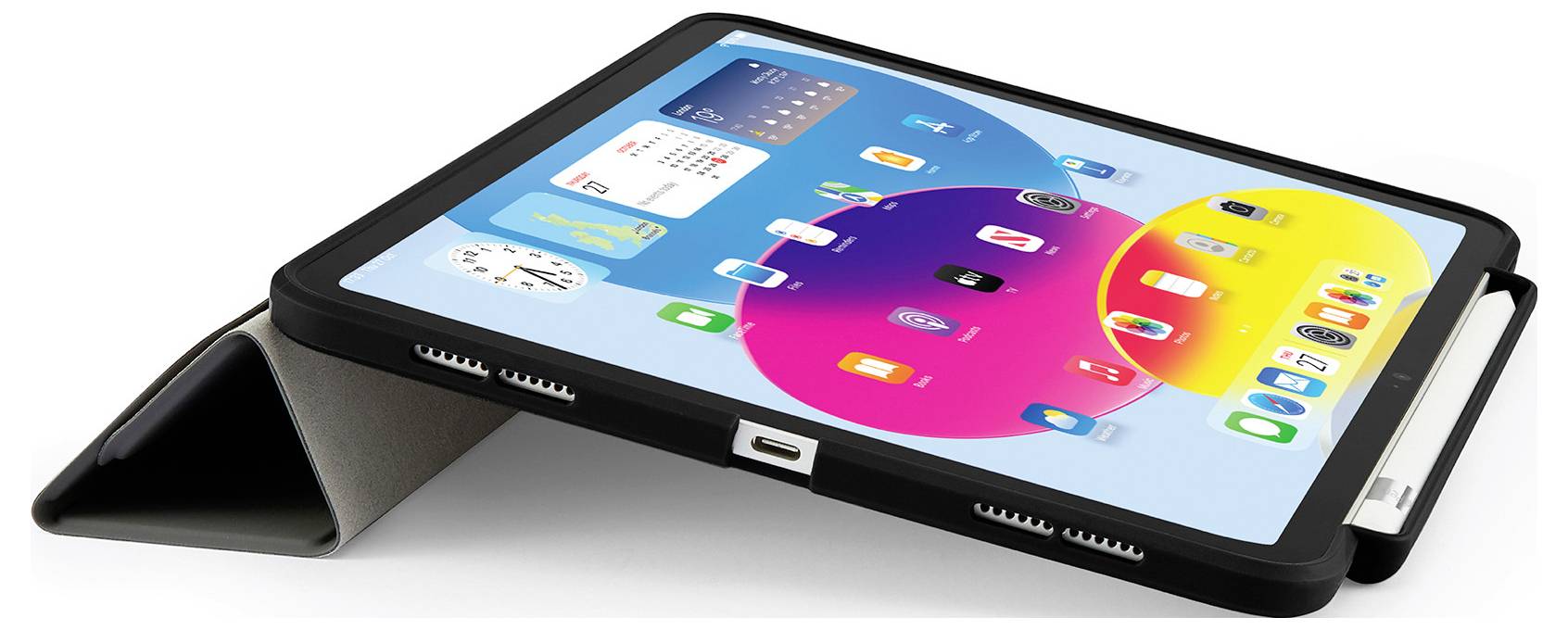 Tablet in a folio case con uno stilo, che mostra una colorata schermata iniziale con icone di app e widget.