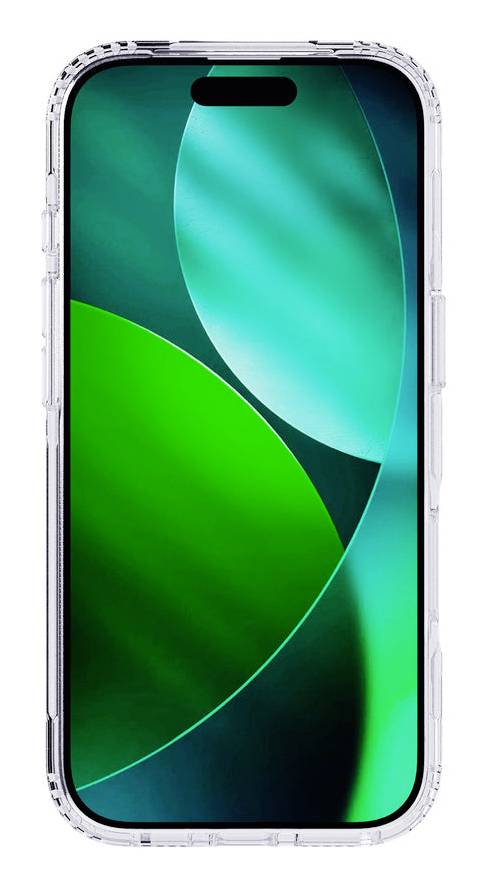 Vista frontale di uno smartphone con una custodia protettiva trasparente, che mostra uno sfondo verde astratto e un foro della fotocamera frontale a forma di pillola.
