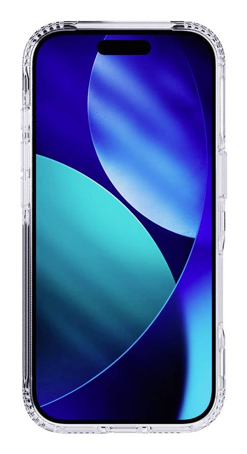 Visualizzazione frontale di uno smartphone con uno sfondo blu astratto all'interno di una custodia protettiva trasparente.