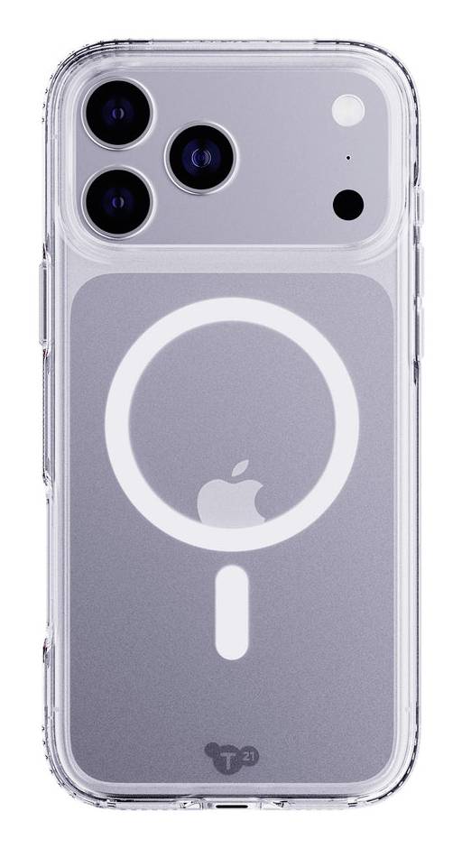 Custodia trasparente per iPhone con anello MagSafe bianco e ritaglio del logo Apple, che mostra il modulo tripla fotocamera del telefono.