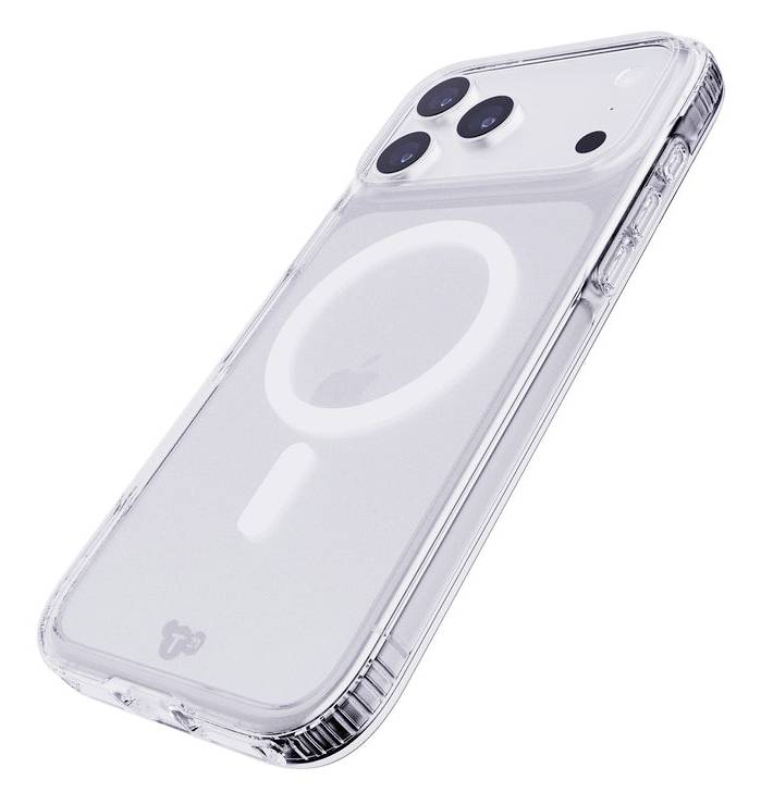 Custodia protettiva trasparente per telefono con anello MagSafe e bordi rialzati, mostrata su sfondo bianco, inclinata per mostrare i ritagli della fotocamera.