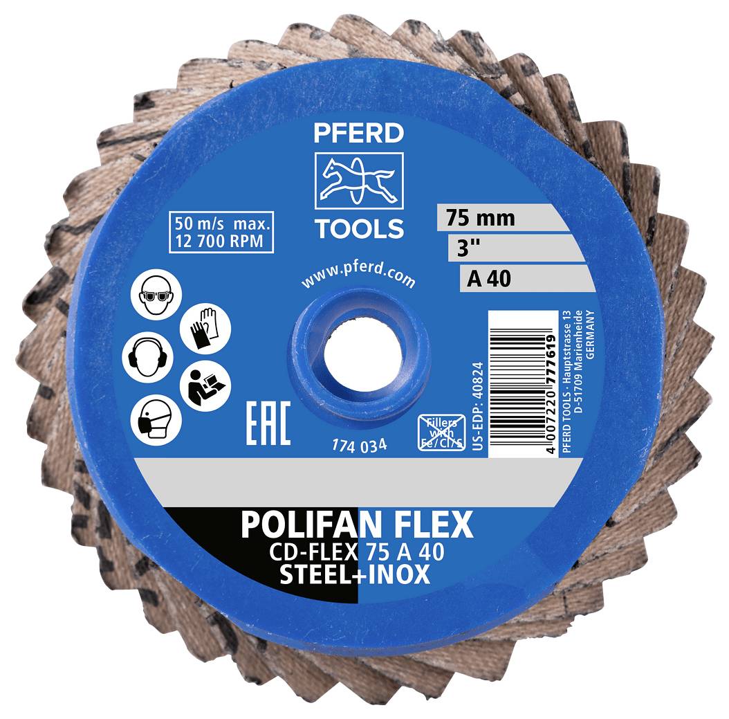 Disco a lamelle abrasivo Blue Pferd Tools etichettato 'POLIFAN FLEX CD-FLEX 75 A 40 STEEL+INOX', 75 mm, giri/min massimi 12.700.