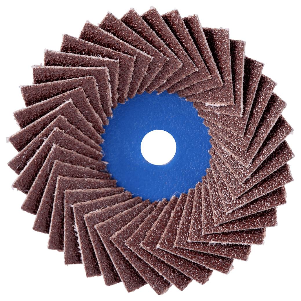 Un disco abrasivo circolare con un centro blu e un foro bianco, circondato da alette abrasive marroni sovrapposte che formano un motivo a rosetta.