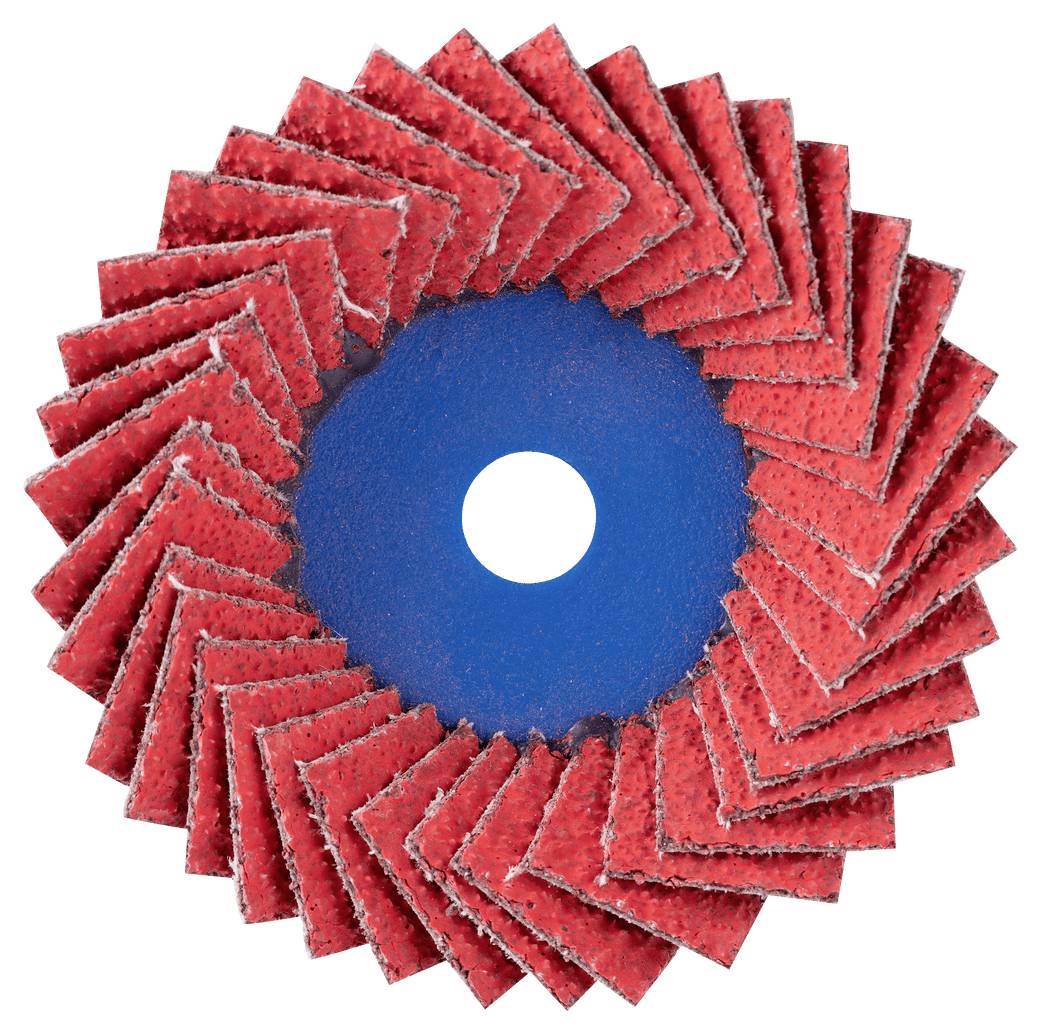 Disco abrasivo circolare con alette sfogliate rosse attorno a un foro centrale blu su sfondo bianco.