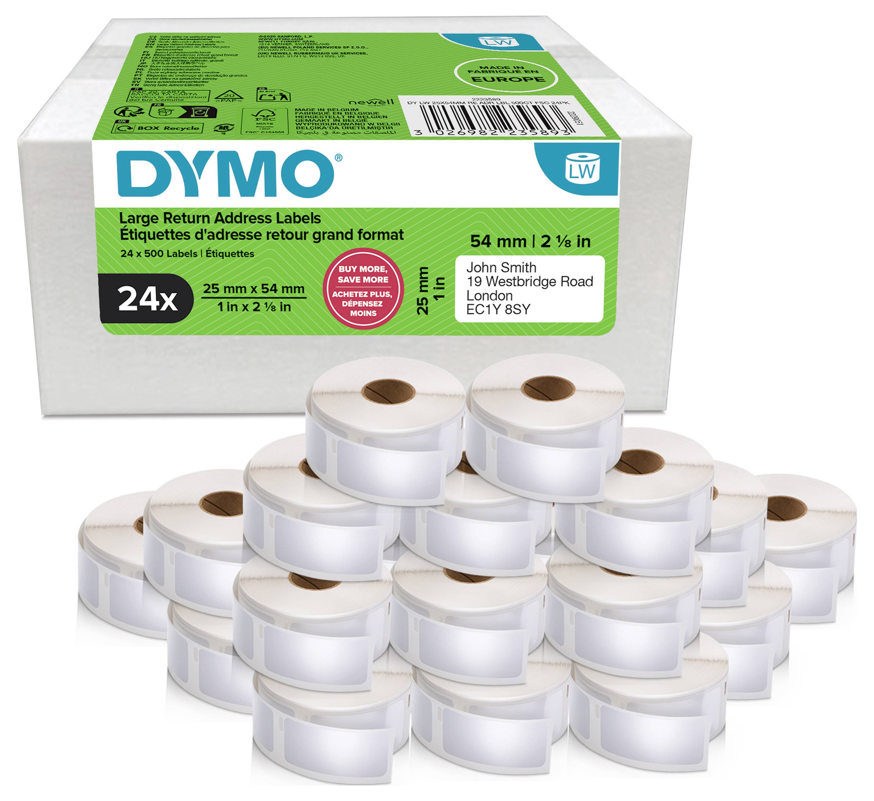 Scatola di etichette di ritorno indirizzi grandi DYMO con più rotoli di etichette bianche impilati davanti