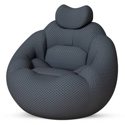 Poltrona lounge imbottita in grigio scuro con texture, con poggiatesta integrato, mostrata su uno sfondo bianco neutro.