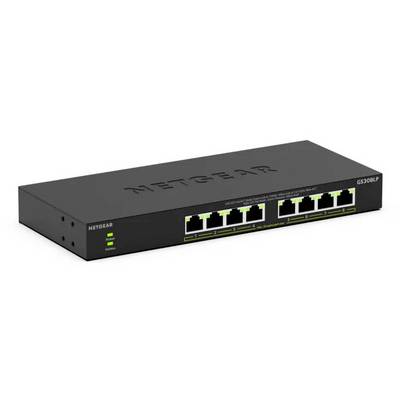 Switch Ethernet NETGEAR GS308LP nero a 8 porte con LED di stato verdi sul pannello anteriore.