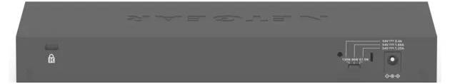 Registratore di sicurezza NVR grigio mostrato da davanti, con icona di lucchetto, spie di stato, porta USB e pulsante di accensione sulla destra.
