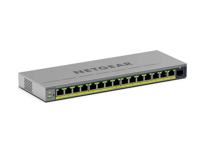 Switch Ethernet Netgear da montaggio a rack con 16 porte anteriori e spie di stato su chassis in metallo grigio.