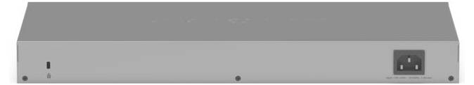 Vista frontale di un dispositivo elettronico rettangolare grigio con un interruttore di alimentazione e spie luminose sul pannello anteriore.