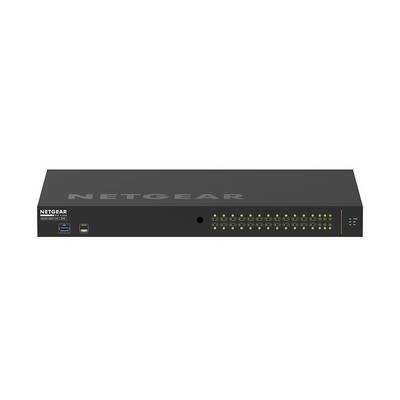 Vista frontale di uno switch di rete NETGEAR montabile a rack con due porte USB sulla sinistra e file di porte Ethernet e LED di stato sulla destra.
