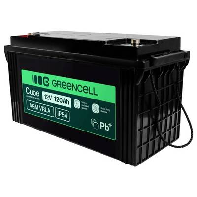 Batteria AGM VRLA Black Greencell Cube 12V 120Ah con certificazione IP54 e etichetta Pb+, mostrata su sfondo bianco.