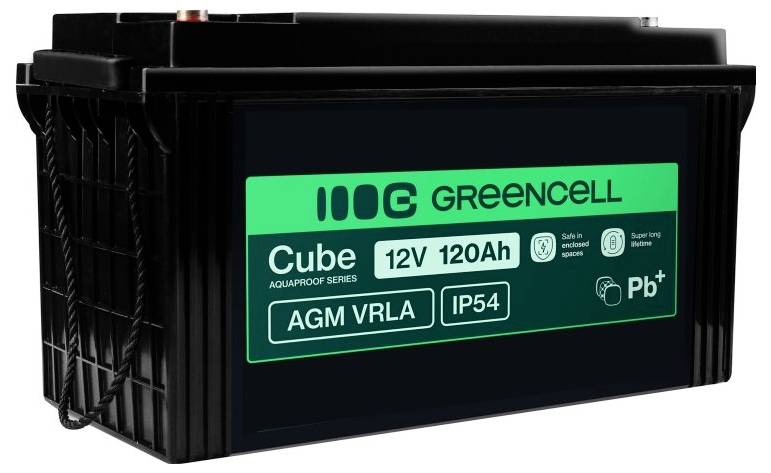 Batteria AGM VRLA Black Greencell Cube 12V 120Ah con etichetta verde, marcature IP54 e Pb+.