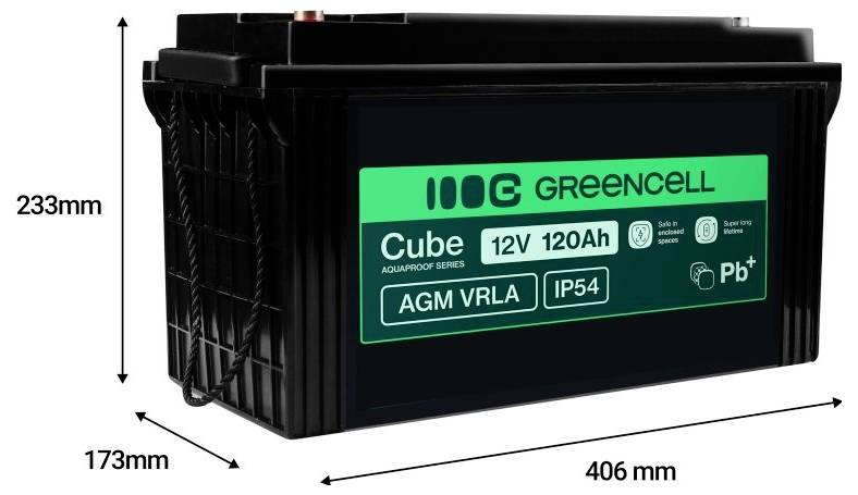 Batteria AGM VRLA Black Greencell Cube 12V 120Ah mostrata con dimensioni 406 mm x 173 mm x 233 mm.
