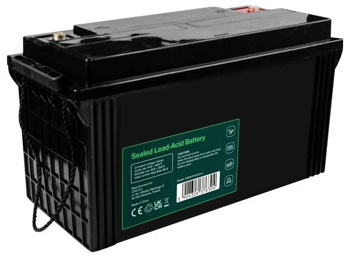 Batteria al piombo sigillata nera con etichetta verde e morsetti terminali, mostrata isolata su sfondo bianco.