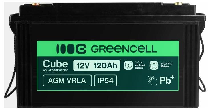 Batteria AGM VRLA Black Greencell Cube etichettata 12V 120Ah, IP54 e Pb+, mostrata in vista frontale con cinghie di trasporto.