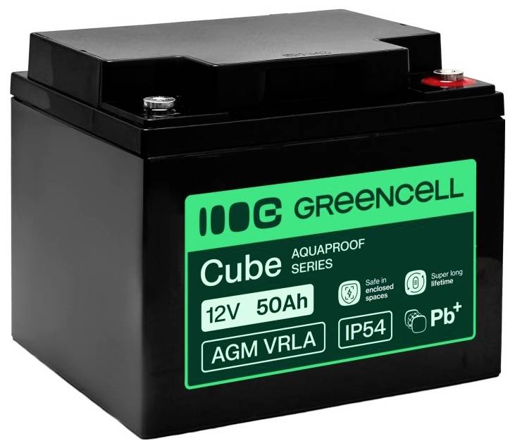 Batteria AGM VRLA GREENCELL Cube nera 12V 50Ah, con rating IP54, con terminali rossi e argento.