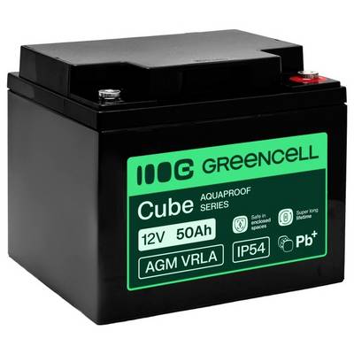 Batteria AGM VRLA GREENCELL Cube nera 12V 50Ah, con rating IP54, con terminali rossi e argento.