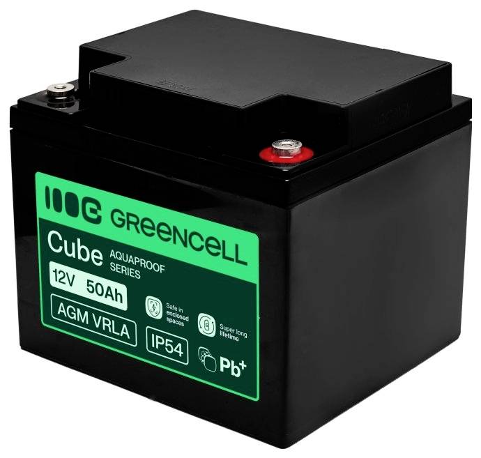 Batteria ricaricabile AGM VRLA Black Greencell Cube 12V 50Ah con terminali superiori ed etichetta verde.