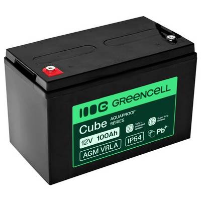Batteria AGM VRLA Black GreenCell Cube 12V 100Ah con etichetta verde frontale e terminali rossi/neri.