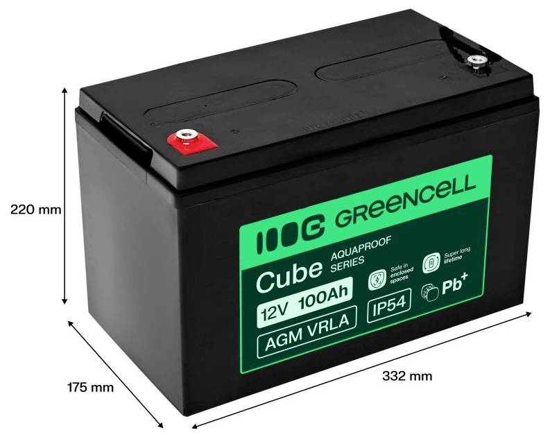 Batteria AGM VRLA Black Greencell Cube 12V 100Ah con dimensioni indicate: 332 mm di larghezza, 175 mm di profondità e 220 mm di altezza.