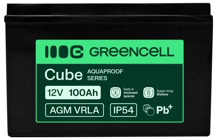 Batteria AGM VRLA Black GreenCell Cube 12V 100Ah, serie AquaProof etichettata, IP54, Pb+, sicura in spazi chiusi e con durata di vita straordinariamente lunga.