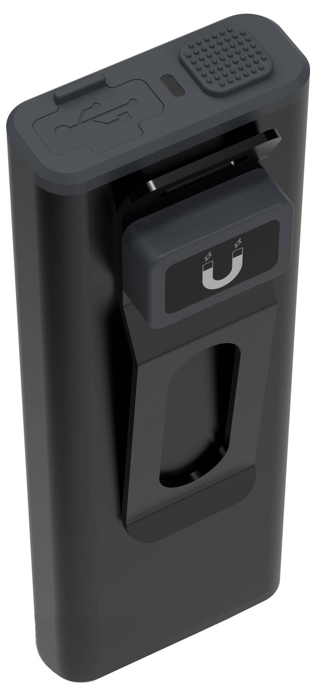 Dispositivo indossabile nero con clip frontale e icona magnetica a forma di U, mostrato in primo piano su sfondo bianco.