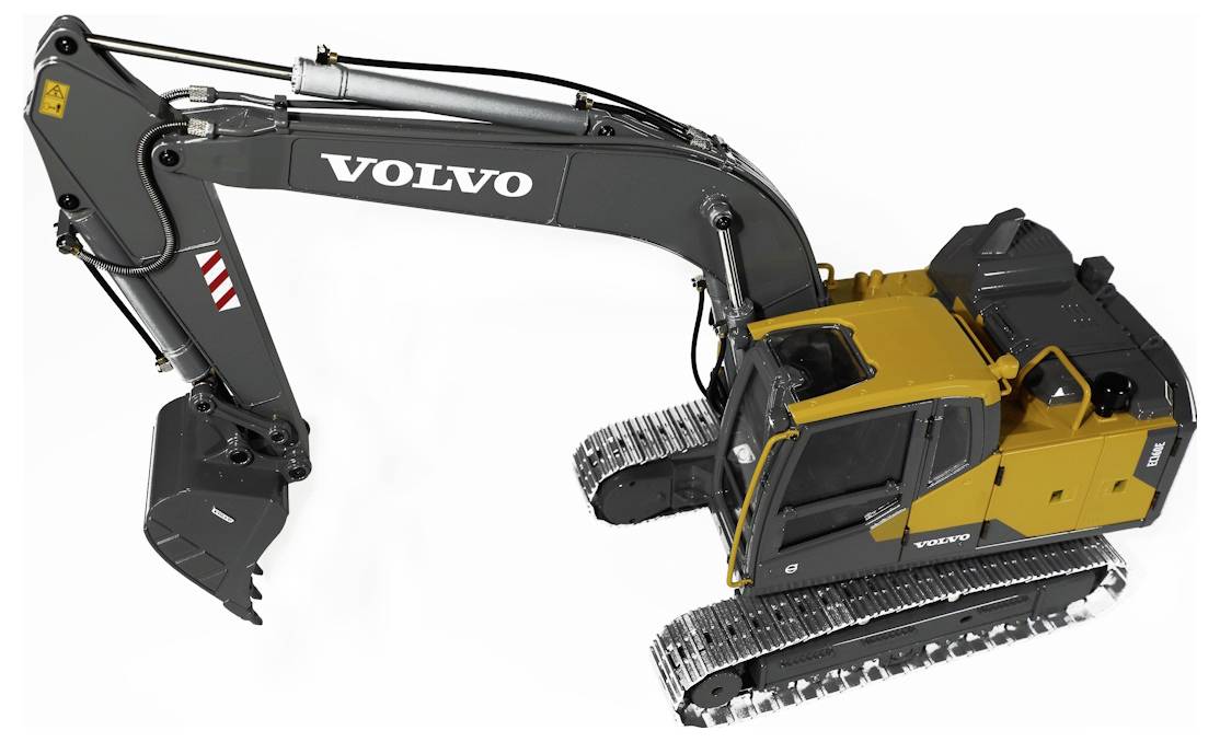 Vista laterale di un escavatore cingolato Volvo con braccio nero e corpo giallo su sfondo bianco.
