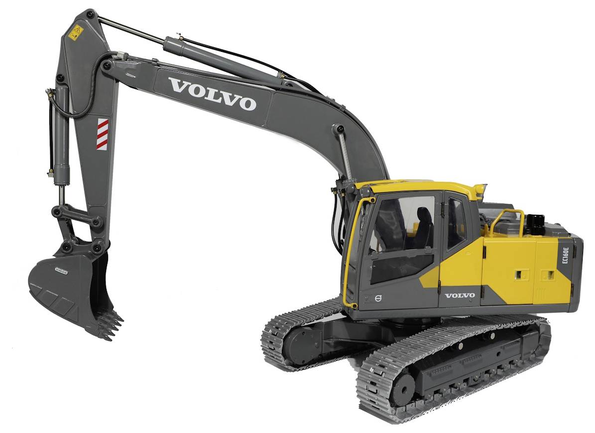 Un escavatore cingolato Volvo con braccio lungo e benna su sfondo bianco, mostrato in vista laterale.