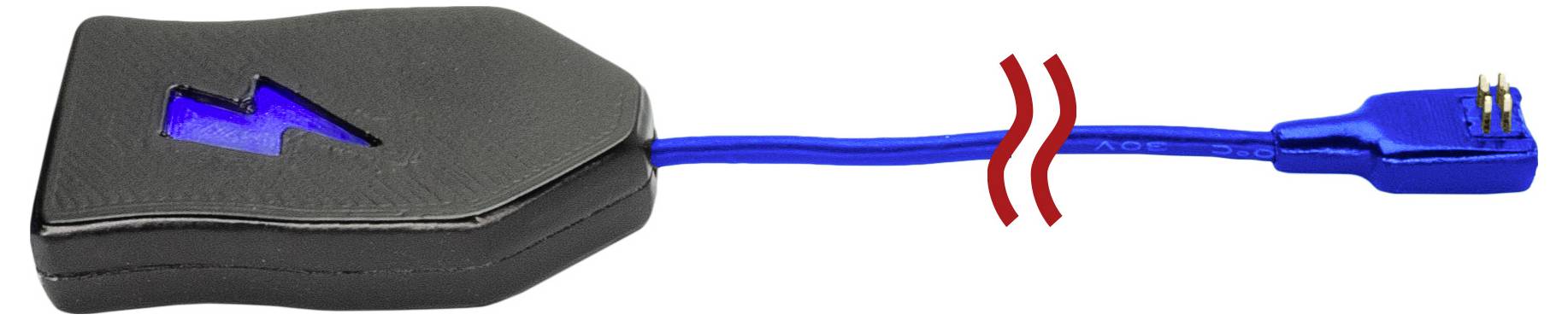 Dispositivo nero con un simbolo di fulmine blu collegato da un cavo blu con un connettore blu a 3 poli, che suggerisce un adattatore elettronico o un accessorio.
