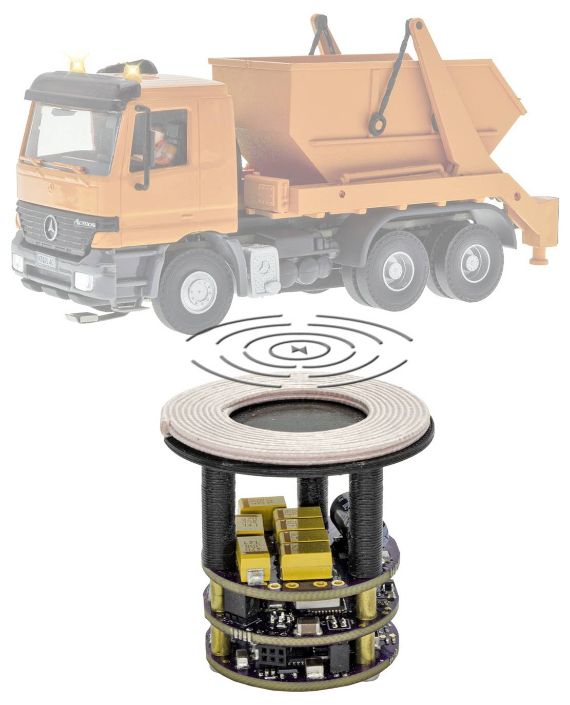 Illustrazione di un camion ribaltabile arancione posizionato sopra una stazione di ricarica wireless, che mostra la ricarica induttiva per un veicolo.