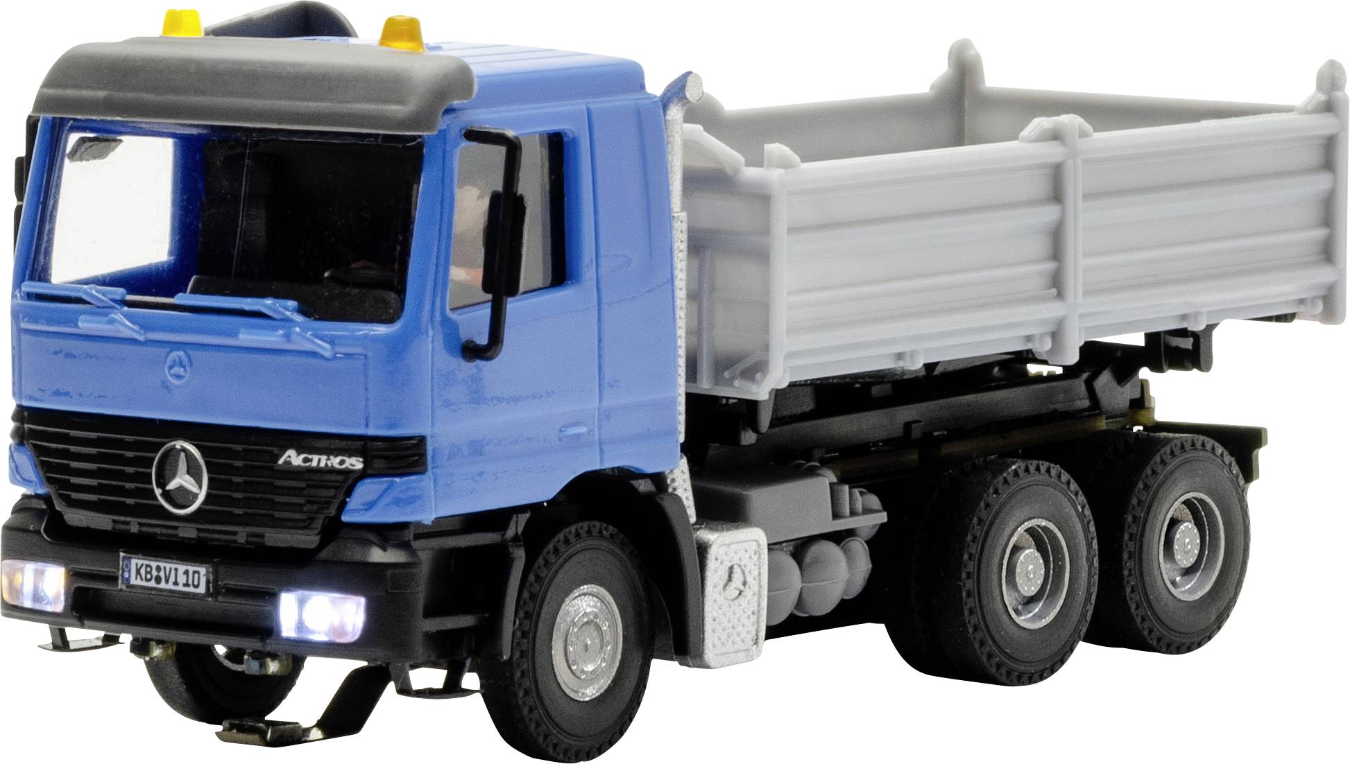 Camion ribaltabile Mercedes-Benz Actros blu con cassone in argento, mostrato su sfondo bianco.