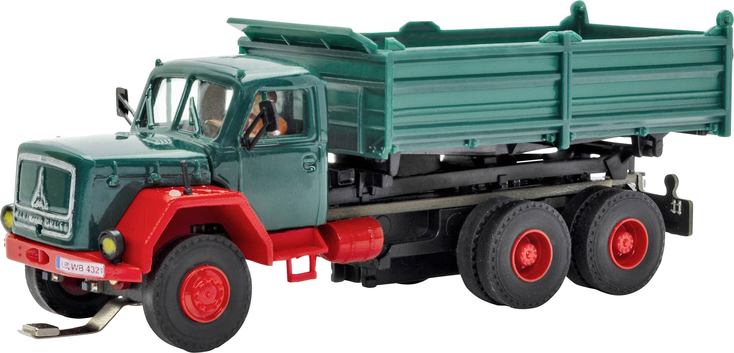 Camion giocattolo verde e rosso per il trasporto di rifiuti su sfondo bianco, mostrato in vista laterale.