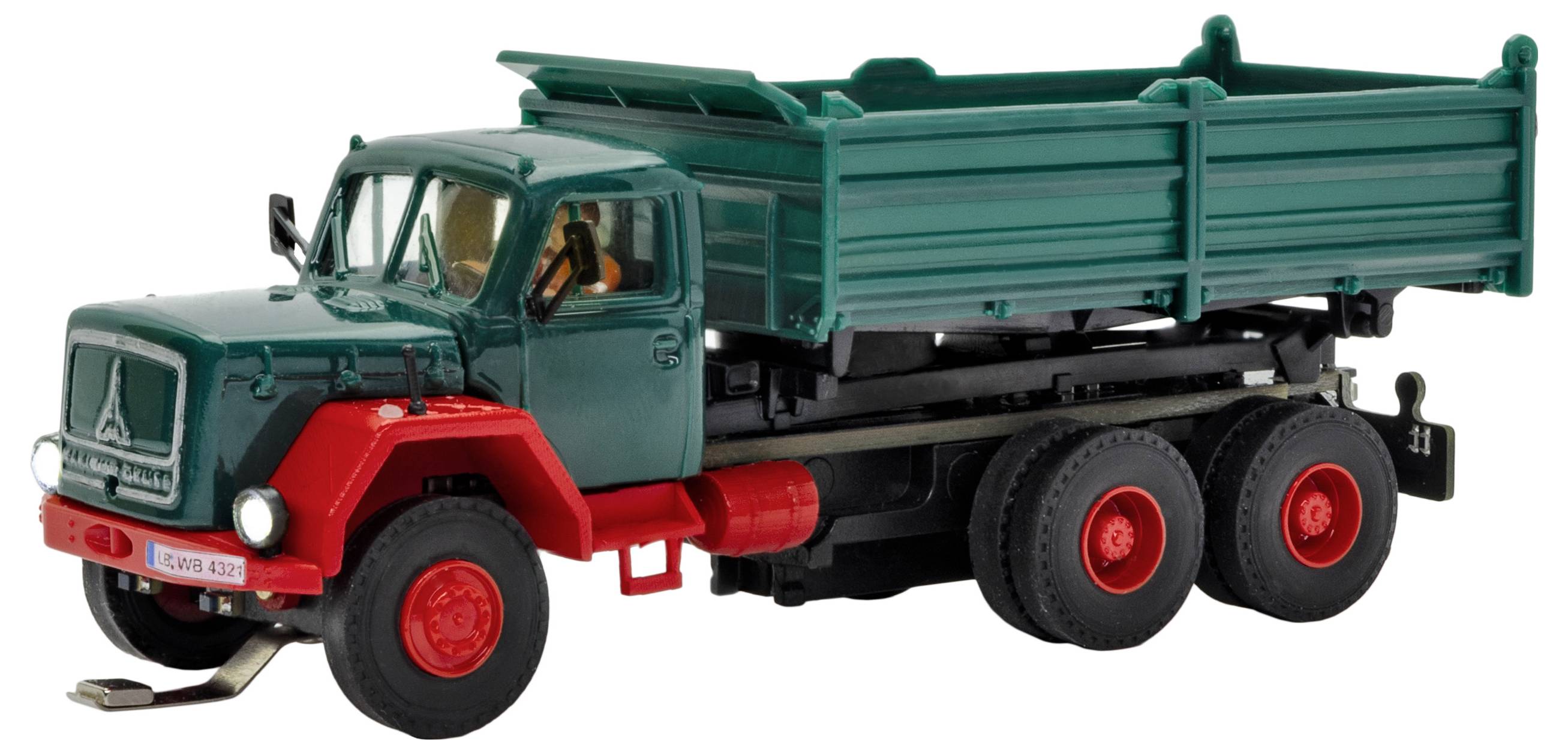 Modello di camion della spazzatura verde e rosso mostrato su uno sfondo bianco, vista laterale.
