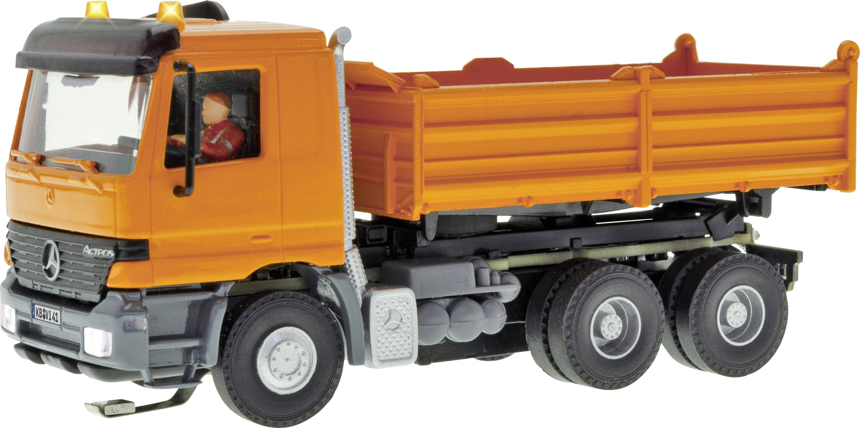 Camion ribaltabile arancione con cassone sollevato, mostrato in vista laterale su sfondo bianco.