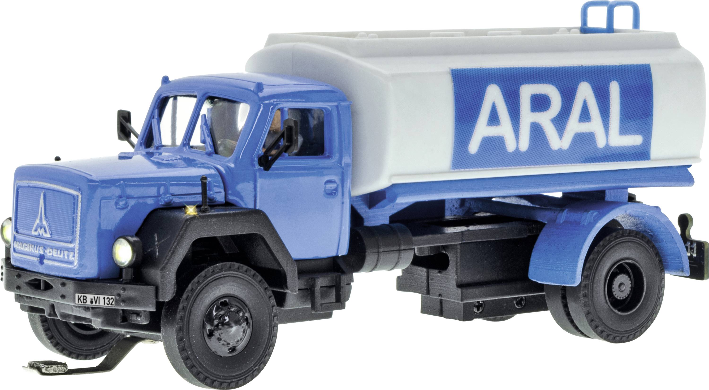 Autocisterna ARAL blu e bianca in scala modellistica su sfondo bianco, vista laterale.