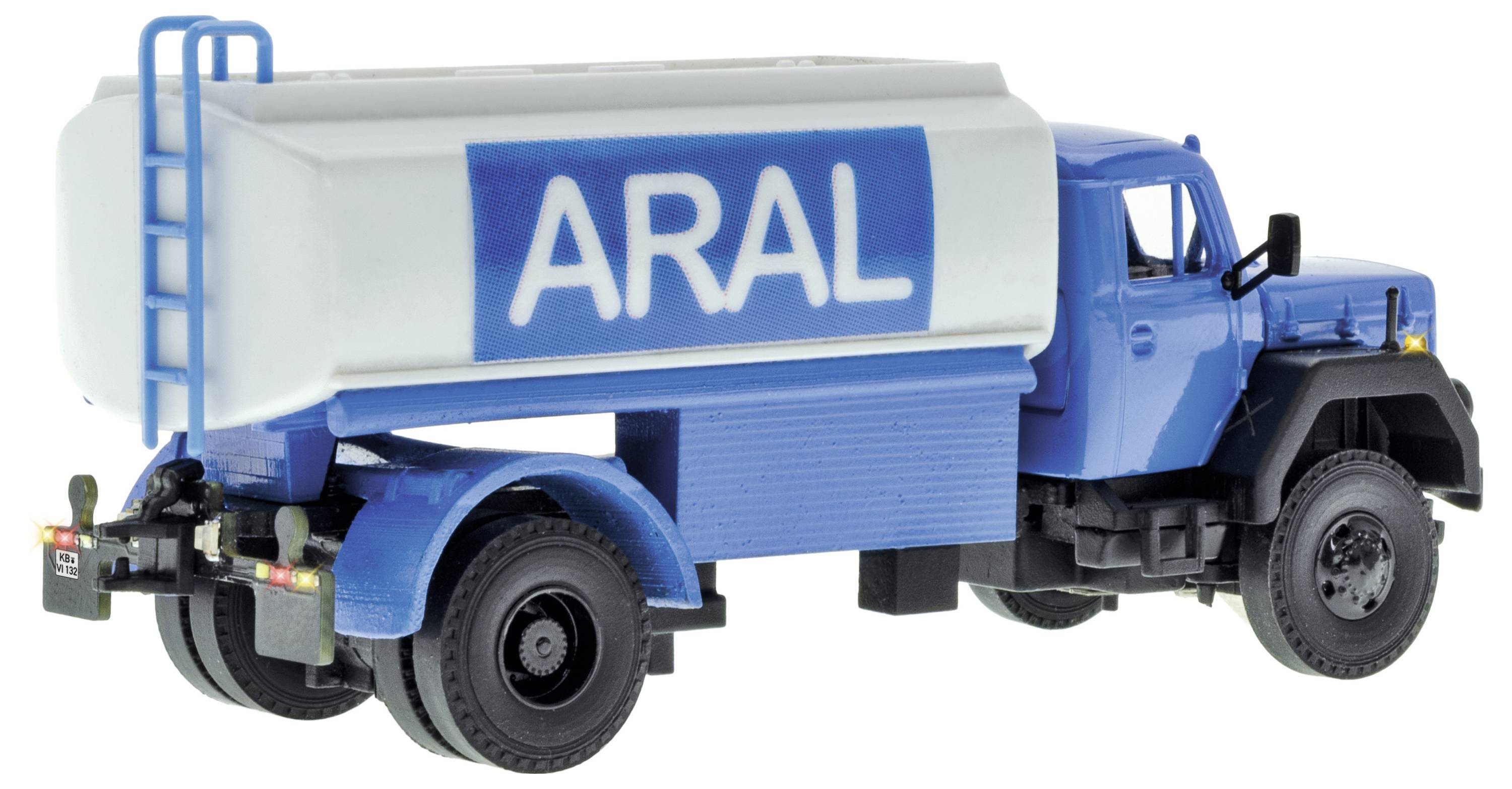 Camion cisterna giocattolo ARAL blu e bianco, mostrato in vista laterale su sfondo bianco.