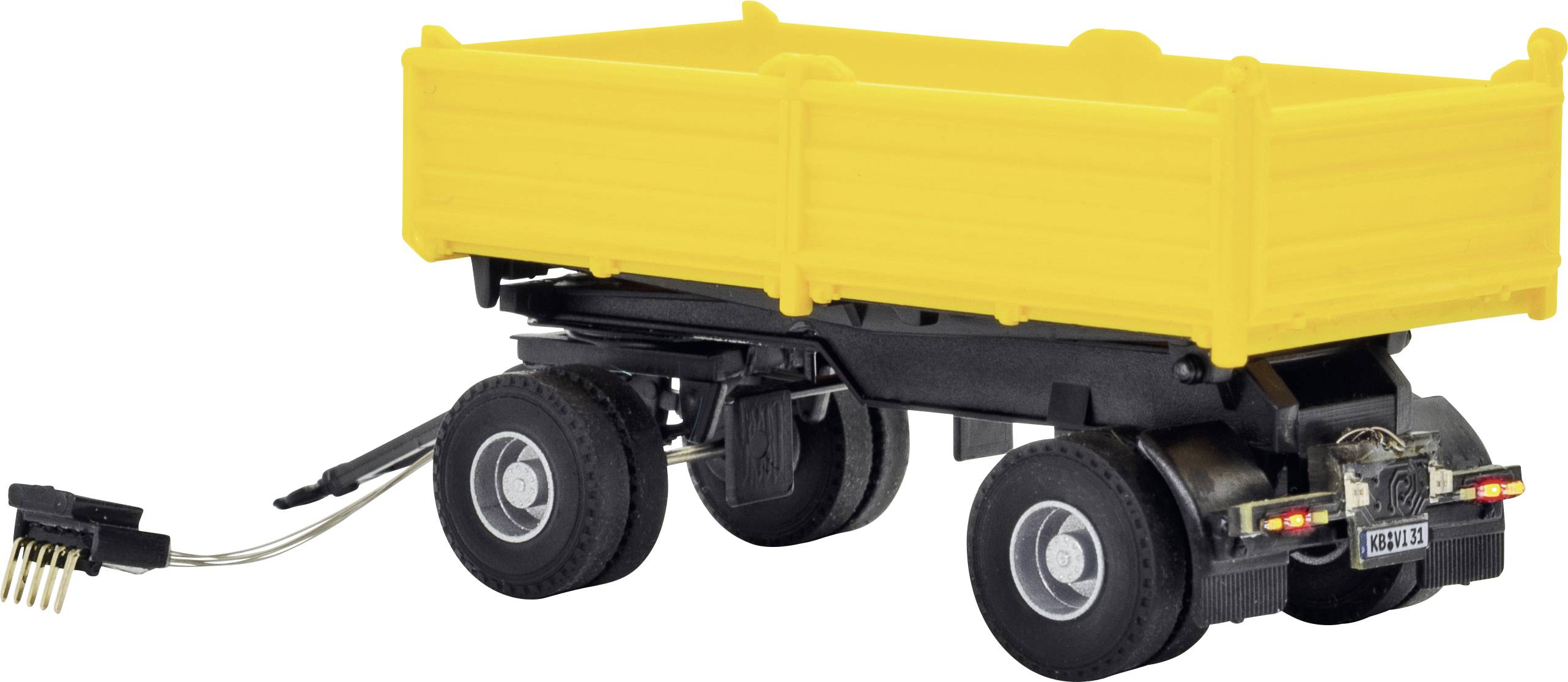 Un rimorchio basculante giallo per giocattoli con quattro ruote e un gancio, mostrato su uno sfondo bianco.