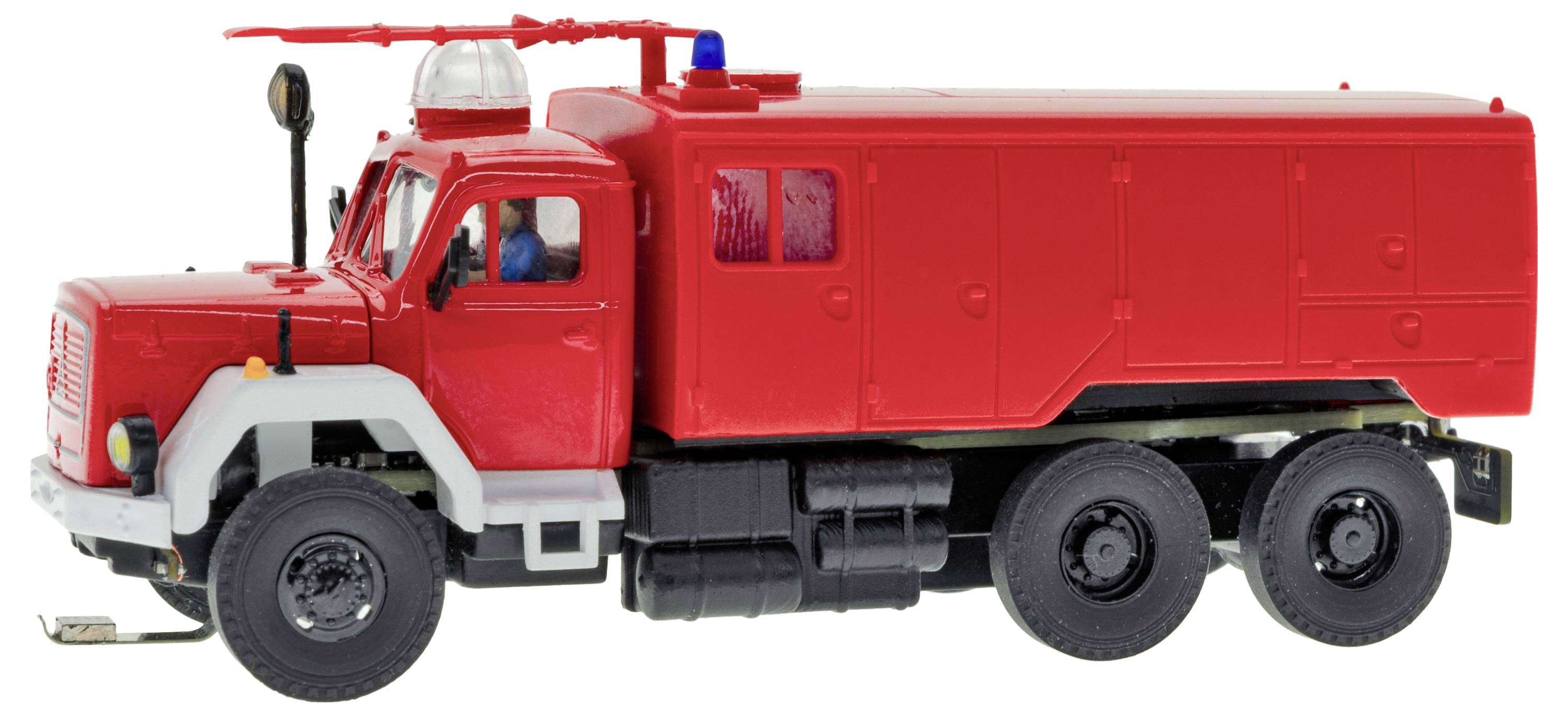 Camion dei pompieri giocattolo rosso con scala e sirena, mostrato in vista laterale su sfondo bianco.