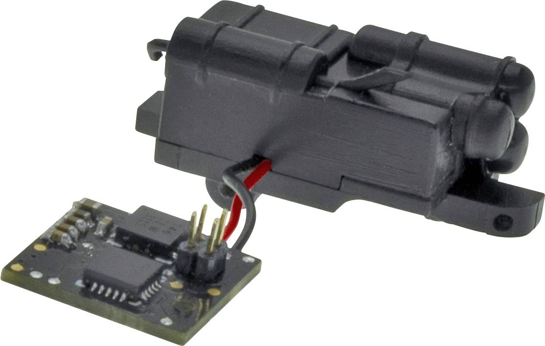 Piccolo circuito elettronico collegato da fili rossi e neri a un modulo attuatore cilindrico nero o solenoide.