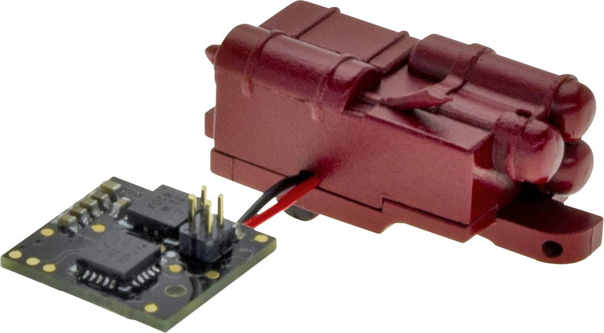 Piccola scheda elettronica nera con piedini collegati da fili rossi e neri a un pacco batteria o modulo cilindrico rosso.