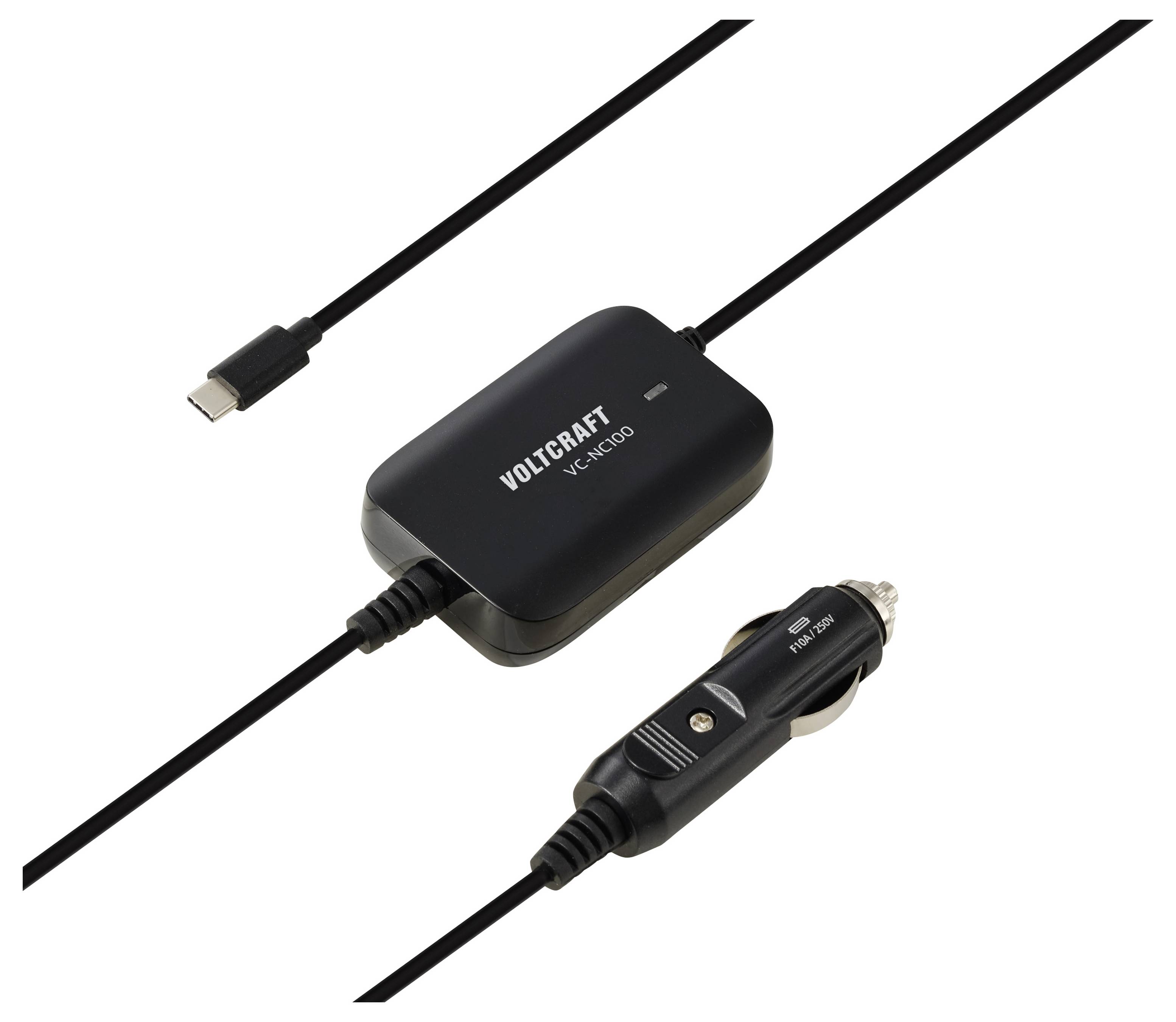 Adattatore caricabatterie per auto Voltcraft VC-1000 con cavo USB-C e connettore accendisigari 12V.